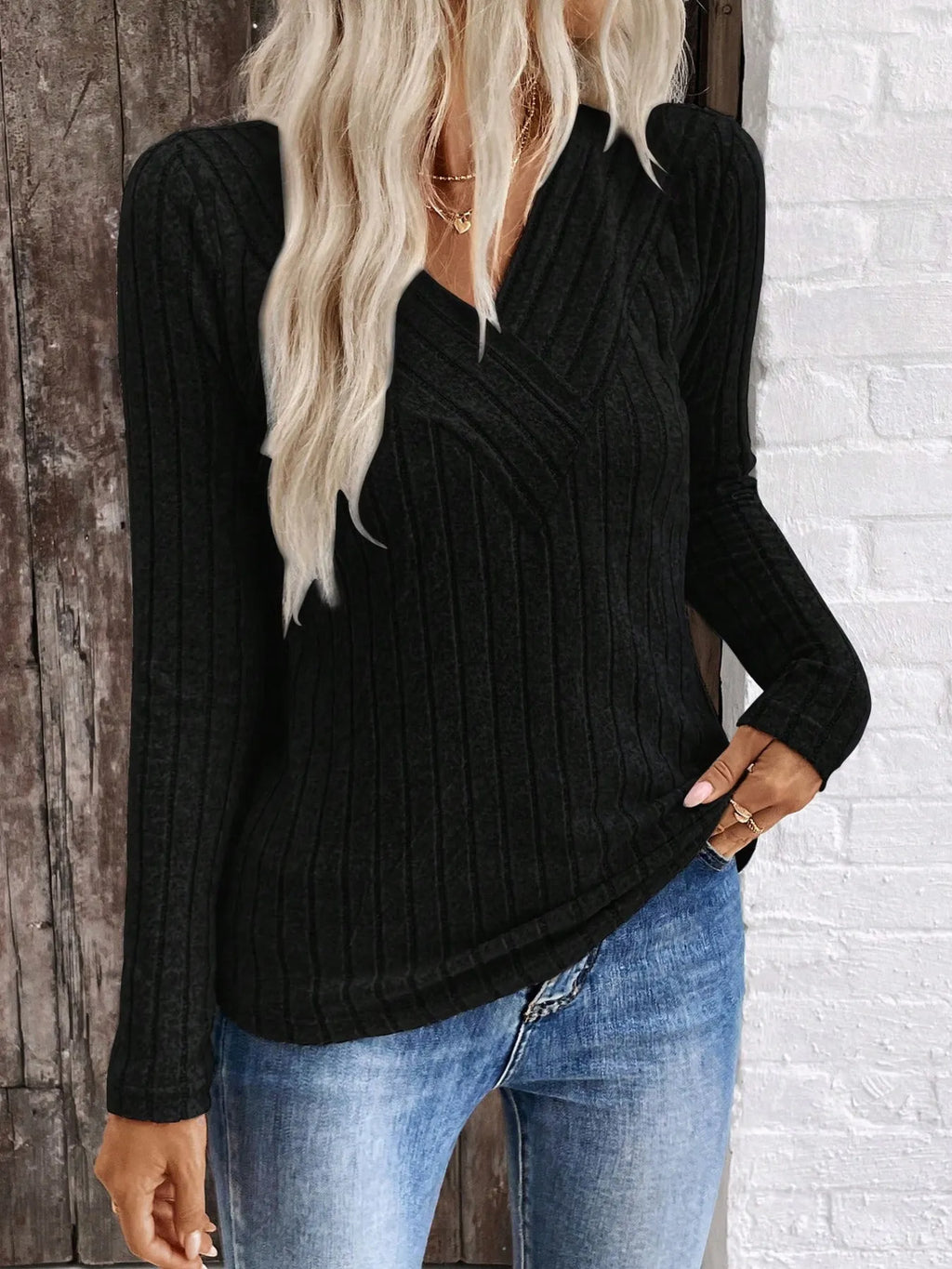 Ribbed V-neck Long Sleeve Knit T-shirt (13)