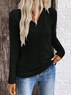 Ribbed V-neck Long Sleeve Knit T-shirt (13)