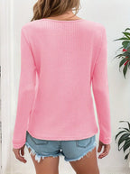 Waffle Knit Button-detail V-neck T-shirt (6)