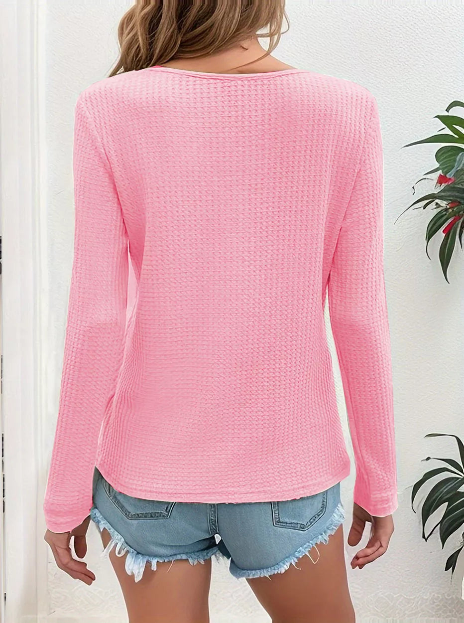 Waffle Knit Button-detail V-neck T-shirt (6)