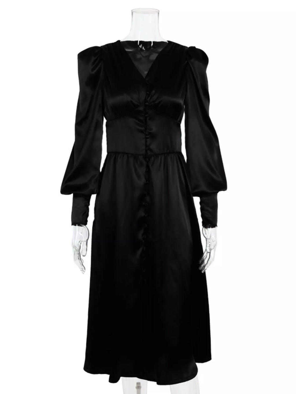 Elegant V-neck Puff Sleeve Button-down Midi Dress (18)