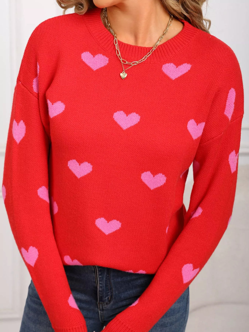 Valentine's Day Heart Pattern Dropped Shoulder Sweater (19)
