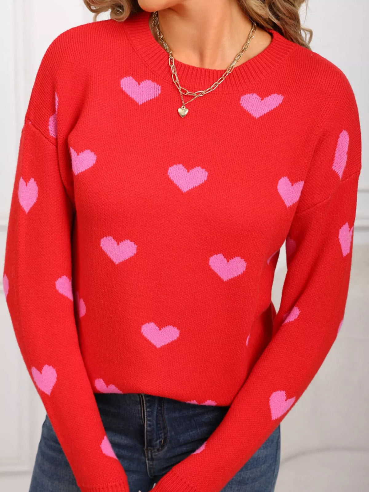 Valentine's Day Heart Pattern Dropped Shoulder Sweater (19)