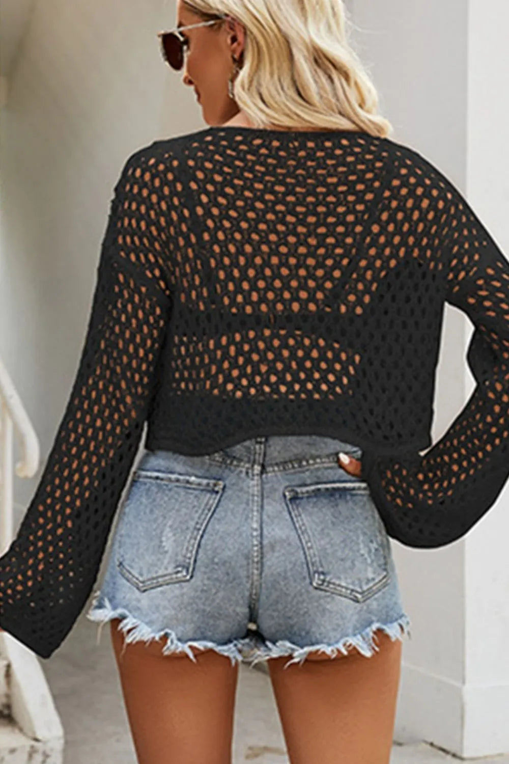Openwork Round Neck Dropped Shoulder Knit Top (2)