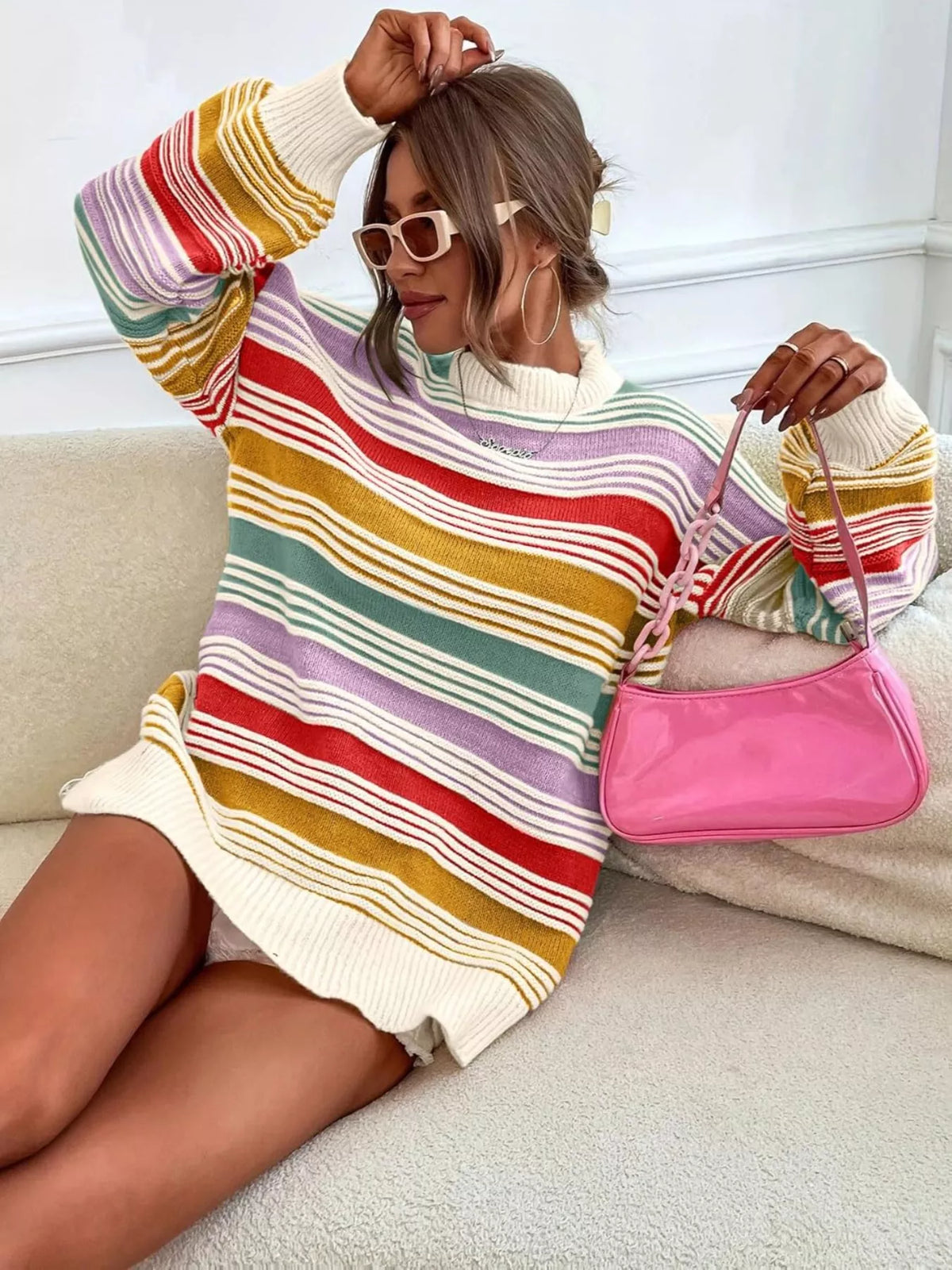 Rainbow Striped Drop Shoulder Oversized Sweater (7)