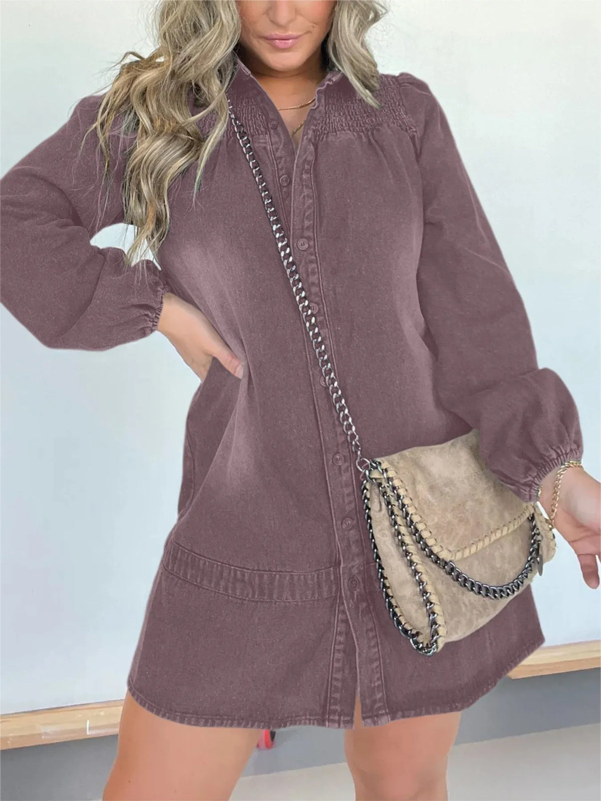 Full Size Button Front Long Sleeve Denim Dress Plus (7)