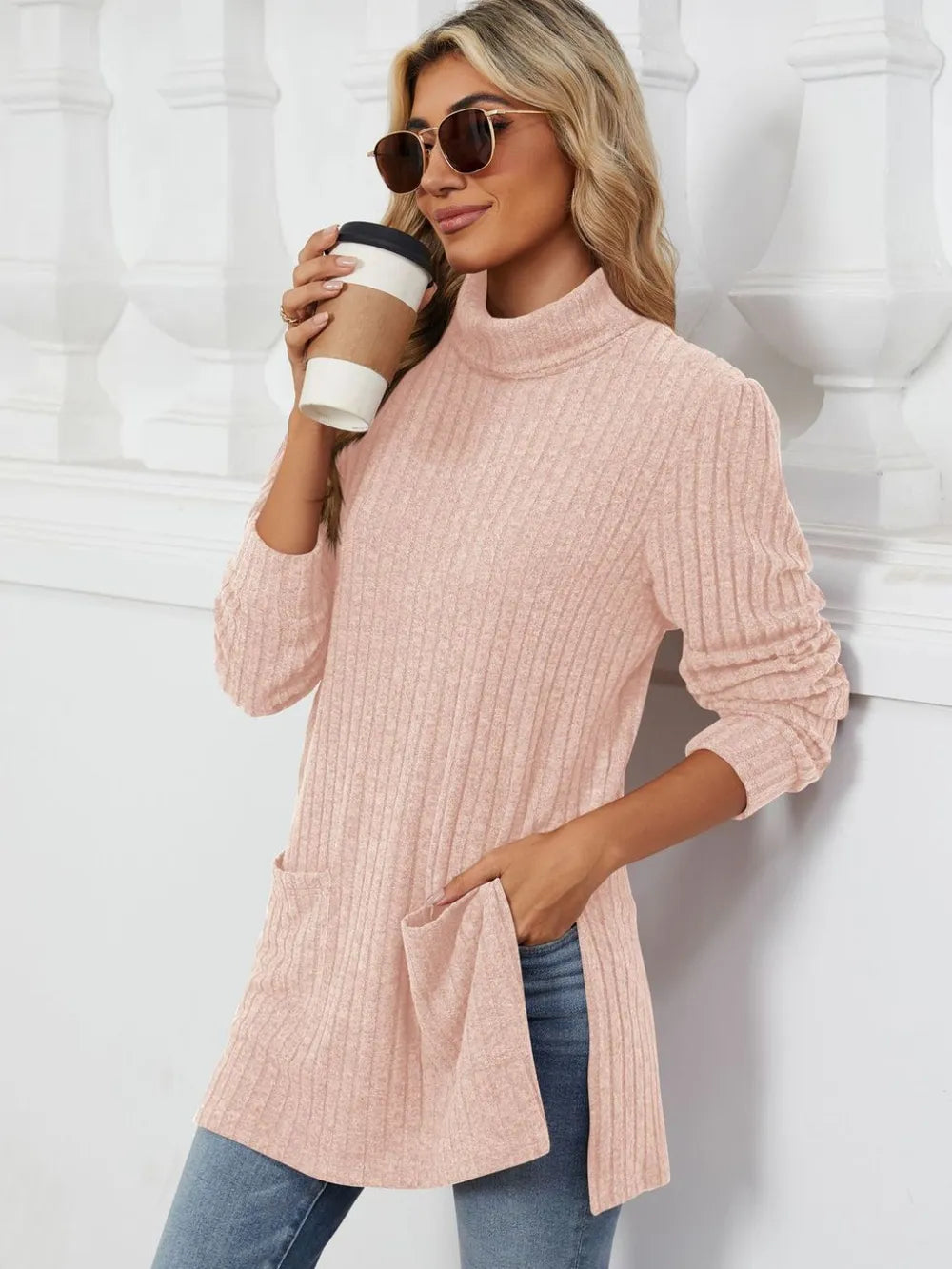 Slit Mock Neck Long Sleeve T-shirt (31)