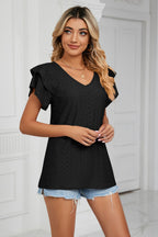 Eyelet Layered Flutter Sleeve V-neck Knit Top (14)