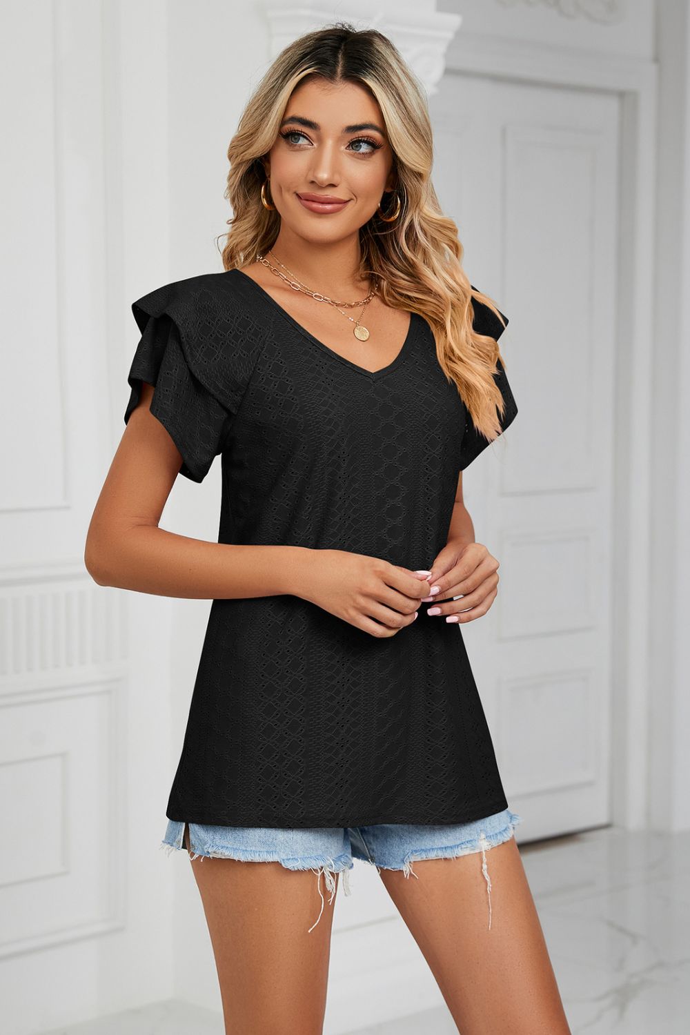 Eyelet Layered Flutter Sleeve V-neck Knit Top (14)