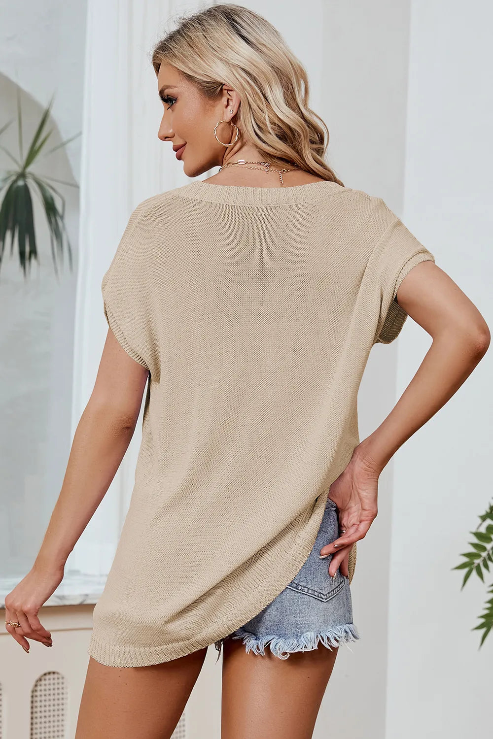 Block V-neck Short Sleeve Knit Top (23)