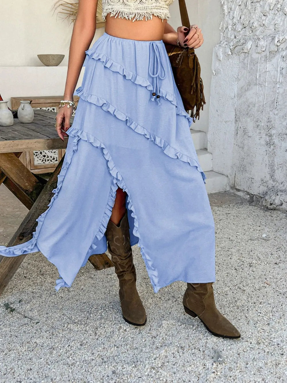 Slit Drawstring Ruffled Skirt (9)