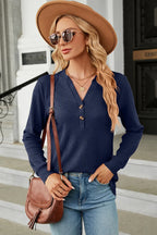 Waffle-knit Notched Long Sleeve T-shirt (5)