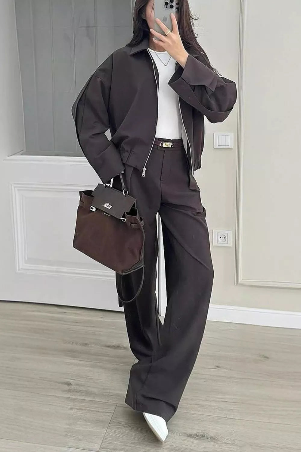 Zip-up Jacket Wide-leg Pants Set (13)