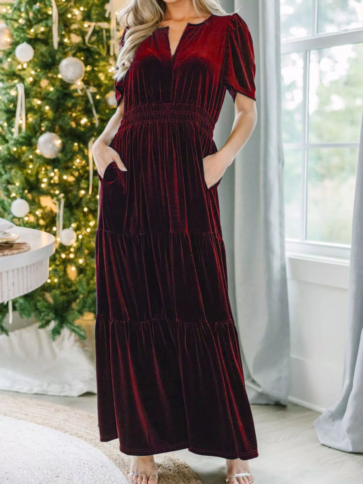 Velvet Tiered Short Sleeve Maxi Dress (5)