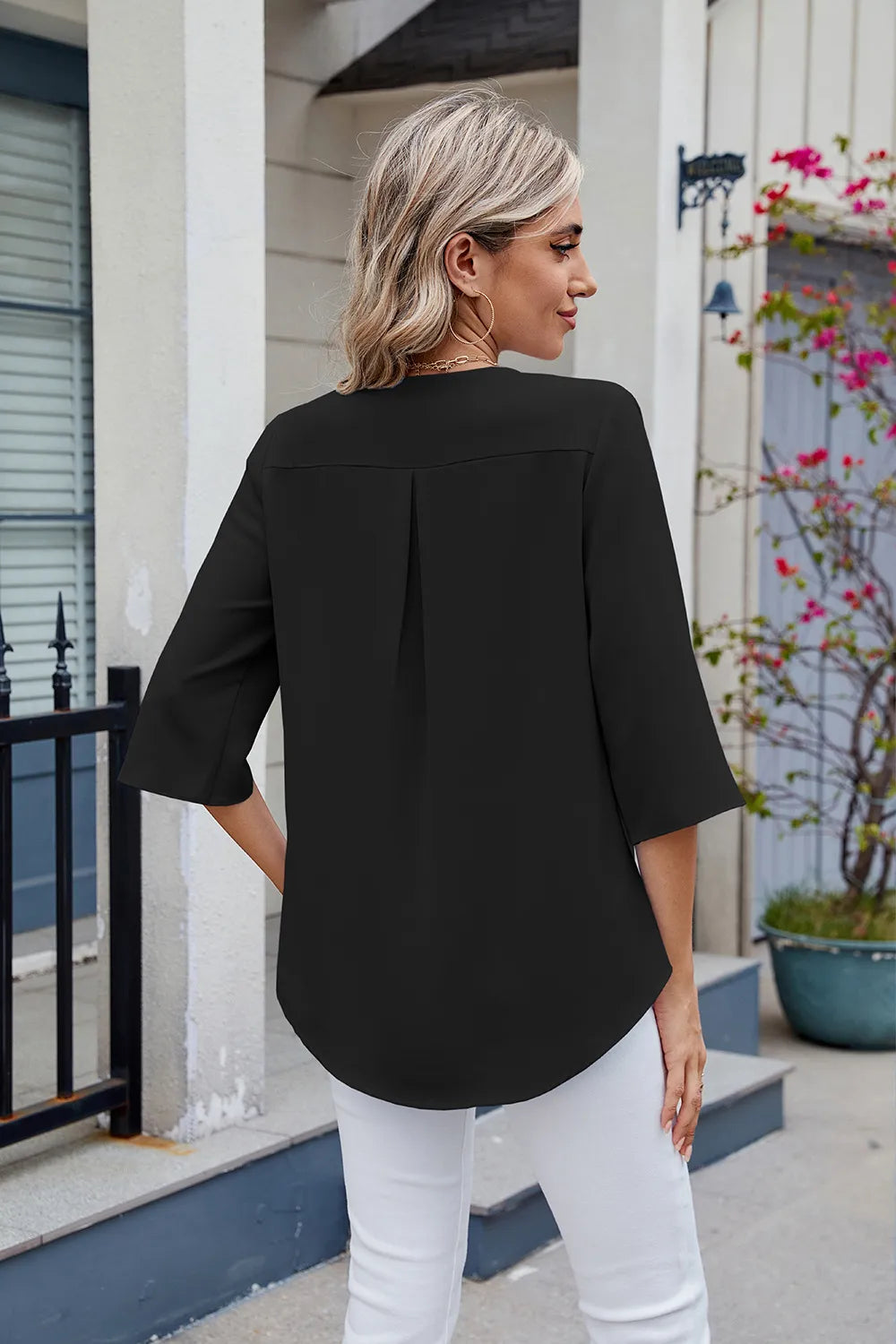 Ruffled V-neck Three-quarter Sleeve Blouse (24)