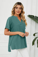 Side Slit Notched Neck Cuffed Short Sleeve Blouse (5)