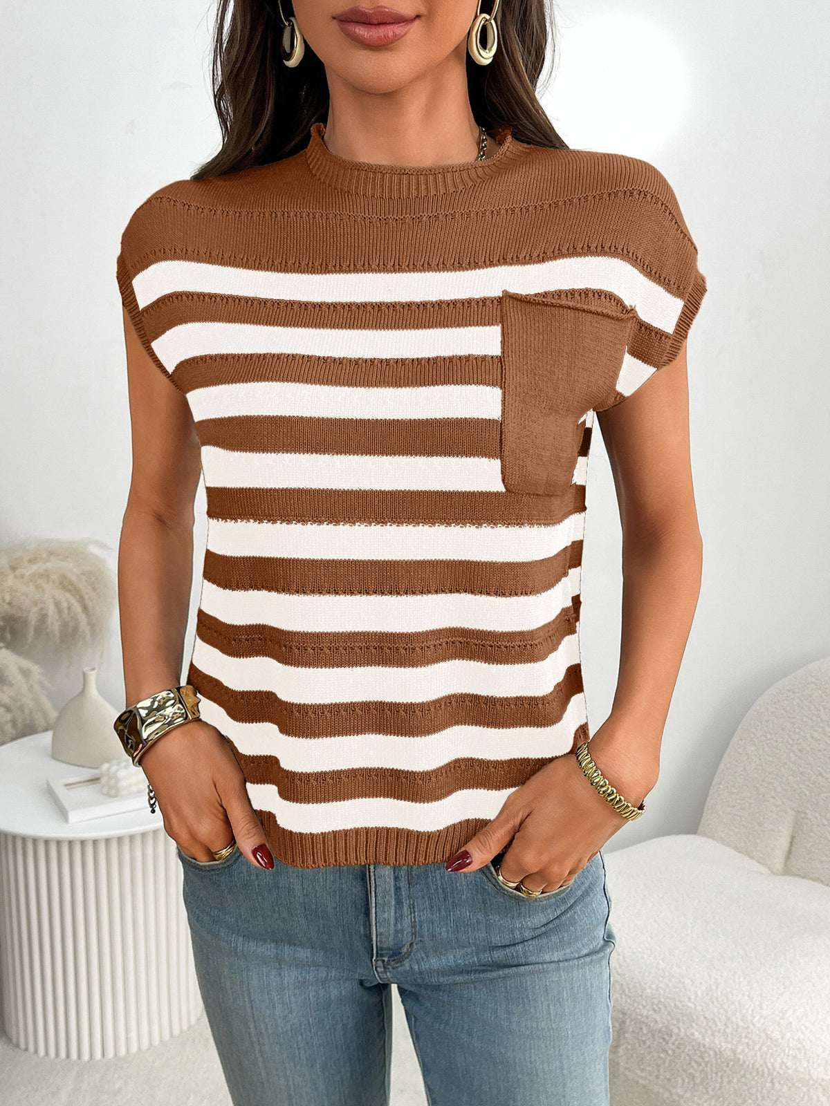 Striped Knit Pocket Detail Cap Sleeve Sweater (14)