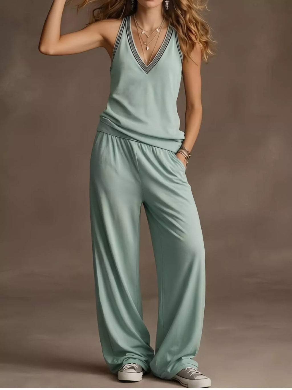 Full Size V-neck Tank Top Wide-leg Pants Set Plus