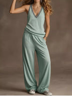 Full Size V-neck Tank Top Wide-leg Pants Set Plus