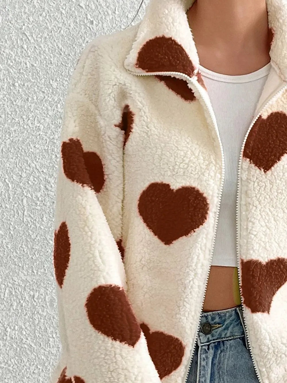 Heart Zip Up Drop Shoulder Furry Jacket (7)