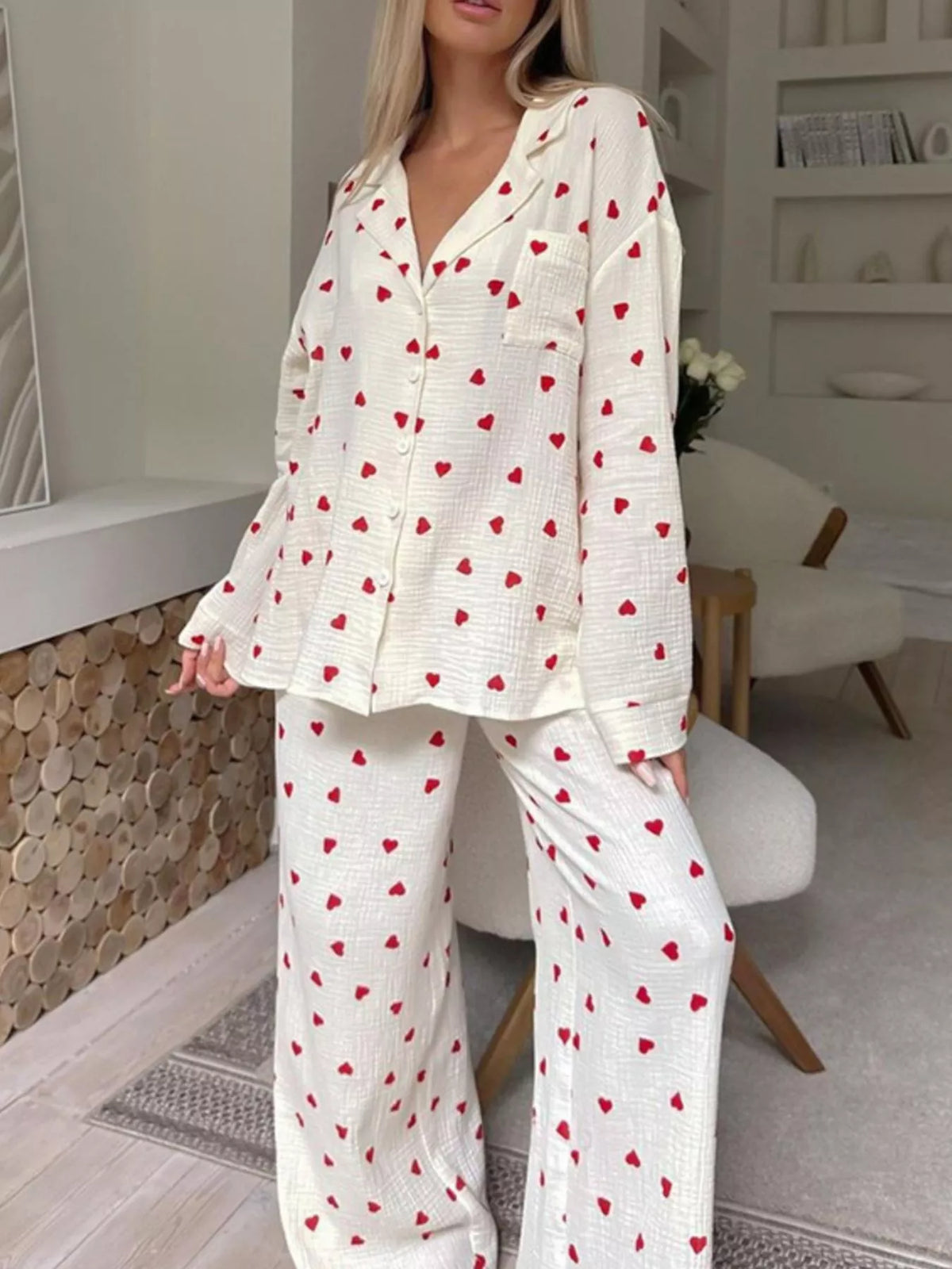 Heart Print Long Sleeve Top Pants Lounge Set (2)