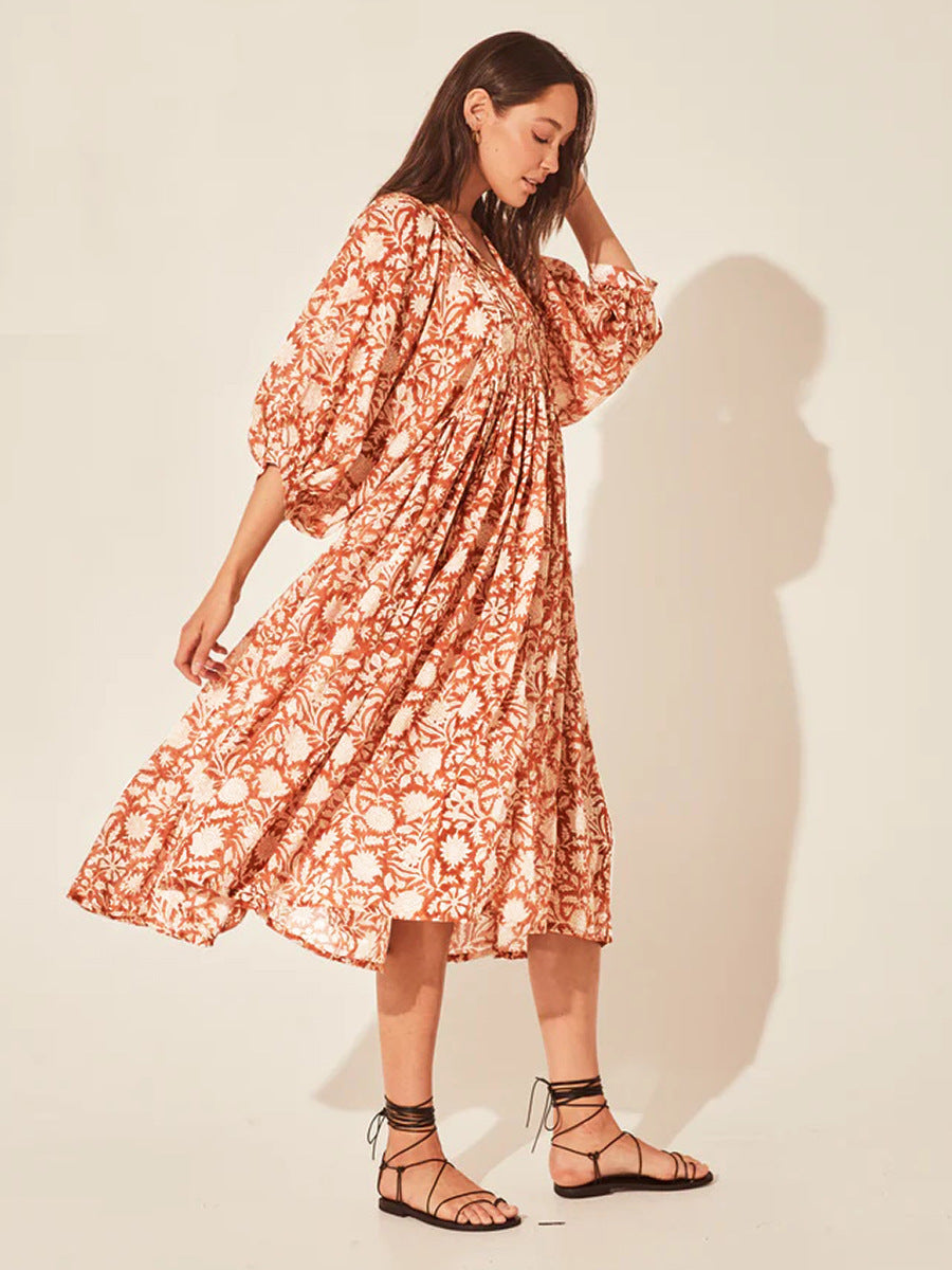 Floral Tie Neck Lantern Sleeve Dress (14)