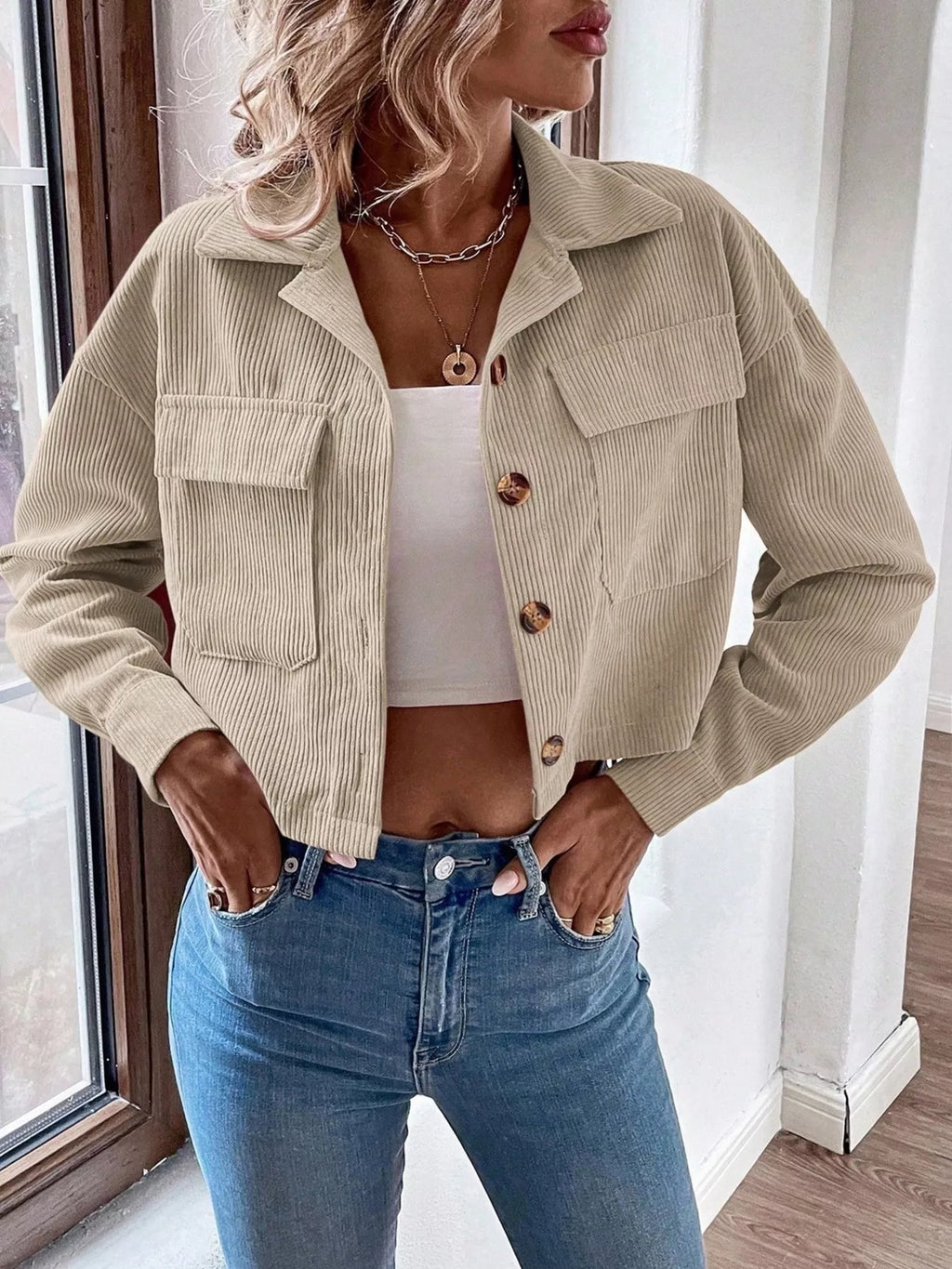 Cropped Corduroy Button-down Jacket (6)