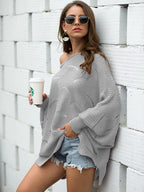 Full Size Boat Neck Lantern Sleeve Openwork Knit Top (23)