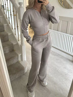 Zip-up Crop Hoodie High-waisted Pants Set (14)
