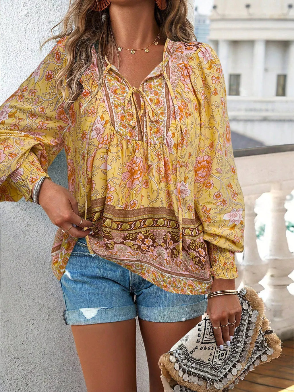 Floral Print Tie Neck Bohemian Blouse (21)
