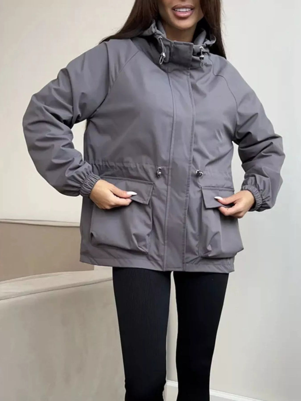 Drawstring Waist Hooded Windbreaker Outerwear (9)