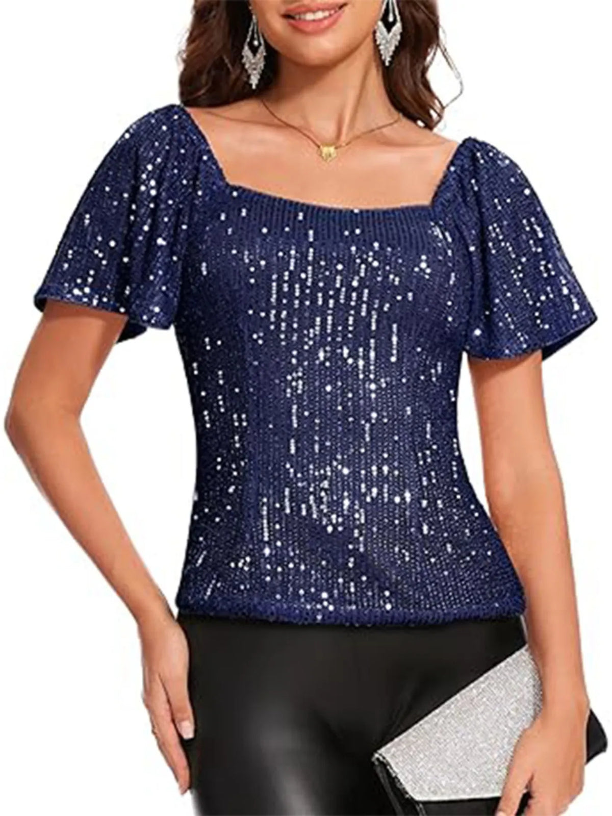 Square Neck Sequin Short Sleeve Blouse (2)