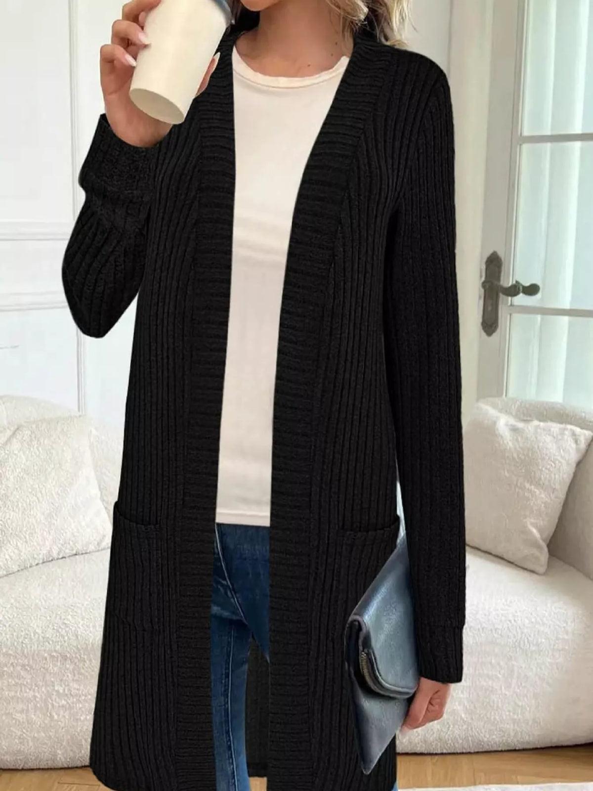 Ribbed Knit Open Front Cardigan