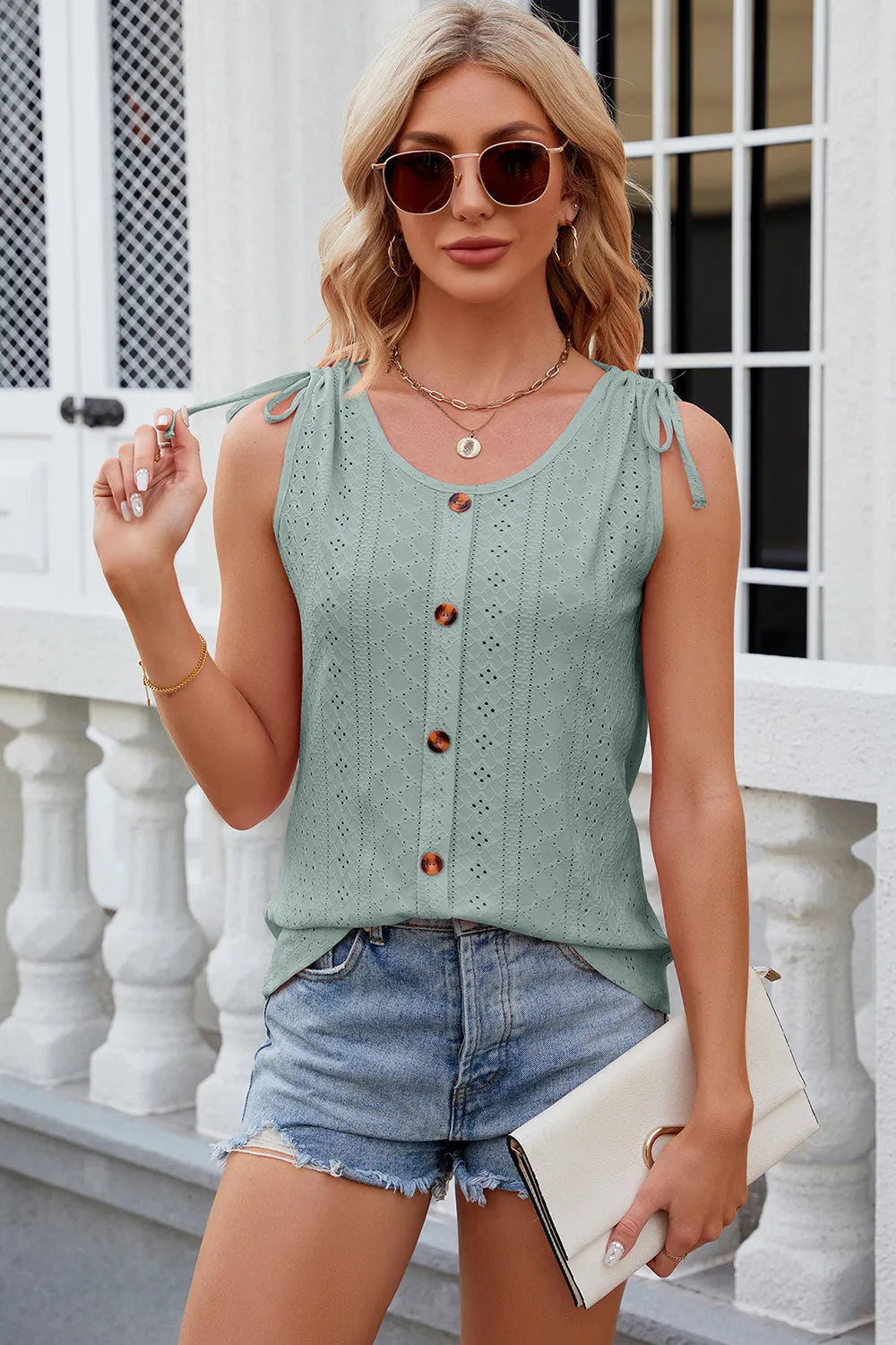 Eyelet Round Neck Wide Strap Tank (31)