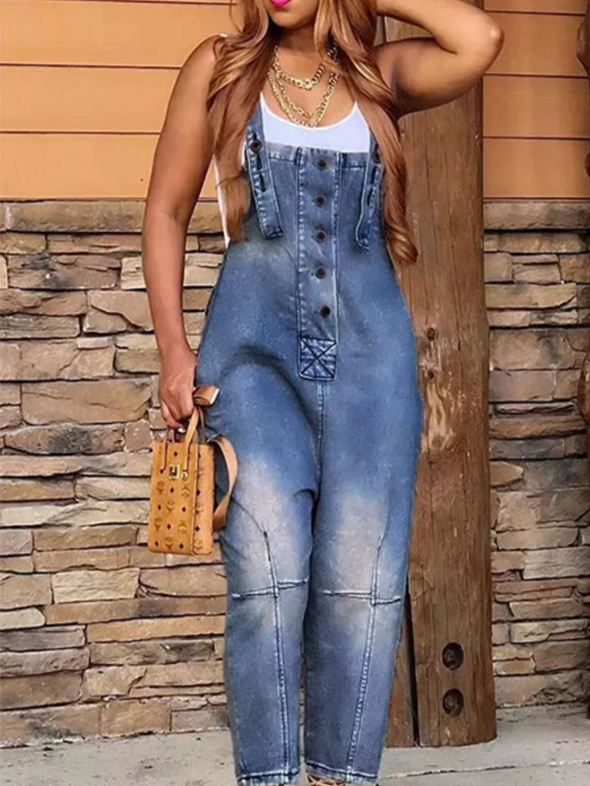 Full Size Button Front Denim Overalls Pockets Plus (6)
