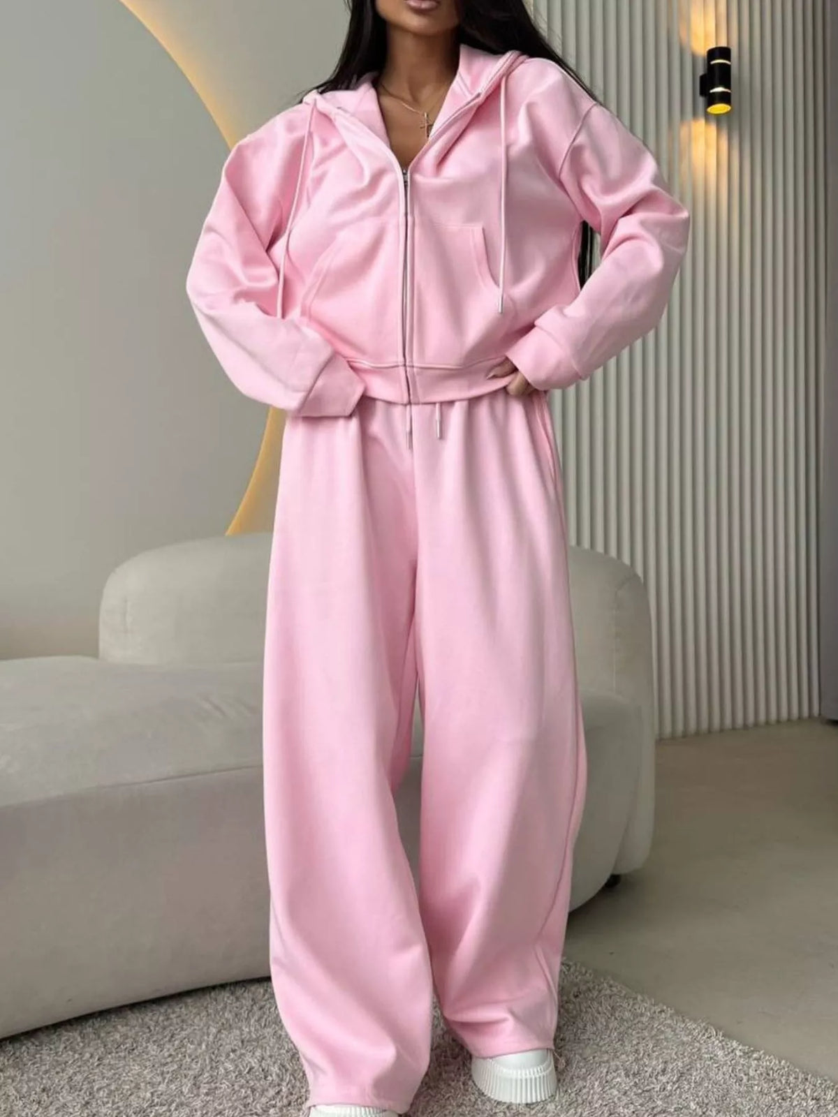 Zip-up Hoodie Wide-leg Pants Set (26)