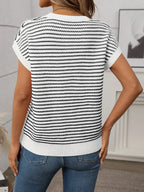 Striped Round Neck Short Sleeve Knit Top (5)