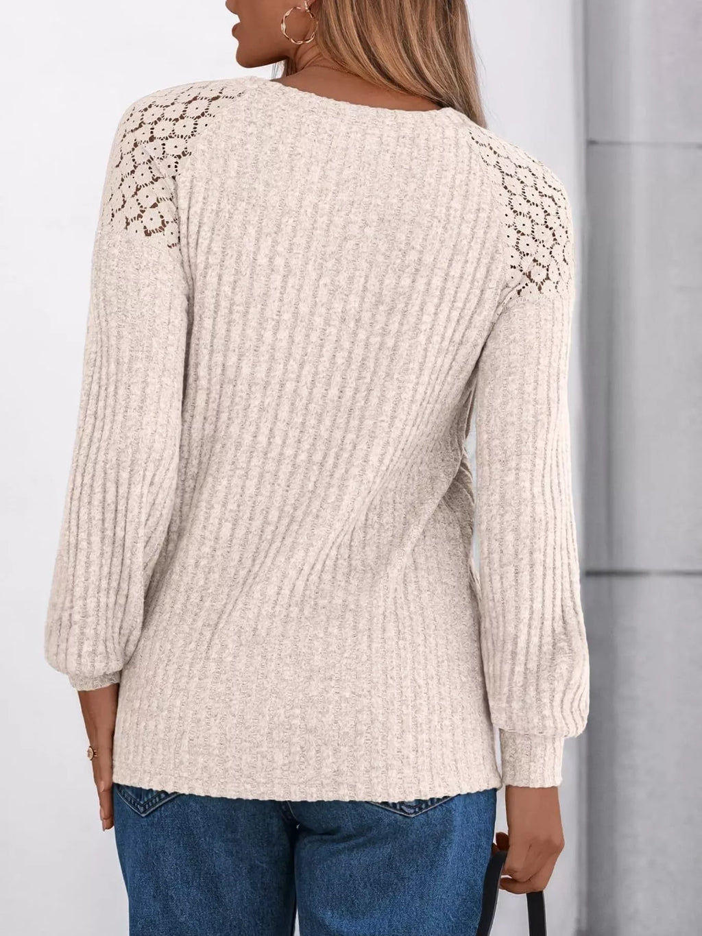 Ribbed Knit T-shirt Lace Shoulder Detail (4)