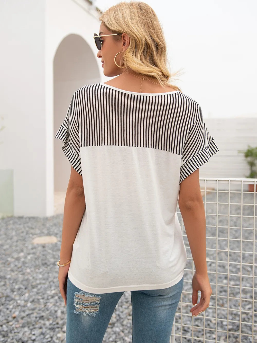 Striped V-neck Short Sleeve T-shirt (12)