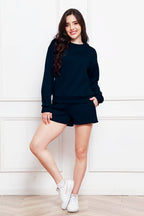 Round Neck Long Sleeve Sweatshirt Drawstring Shorts Set (14)