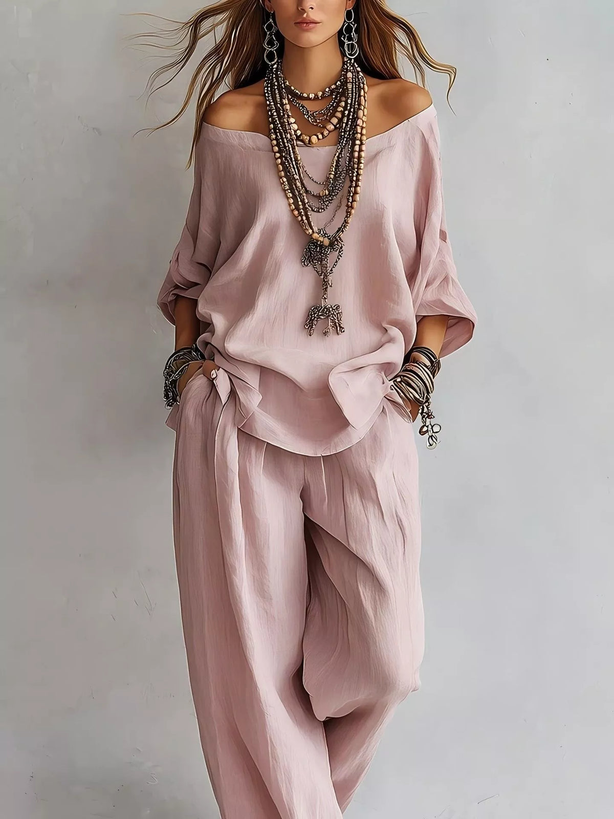Off-shoulder Loose Fit Top Pants Two-piece Set