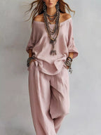 Off-shoulder Loose Fit Top Pants Two-piece Set
