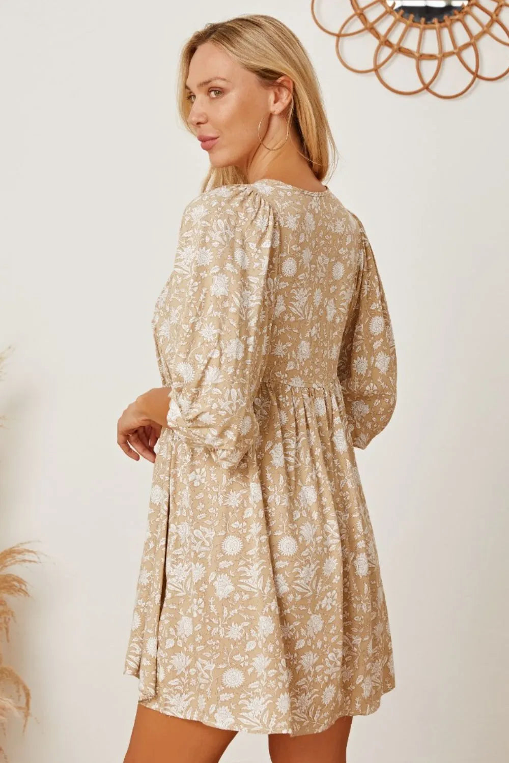 Floral Tie Neck Ruched Babydoll Dress (2)