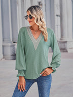 V-neck Eyelet Flounce Sleeve Blouse (9)