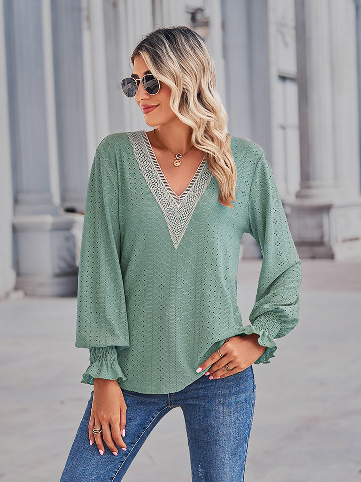 V-neck Eyelet Flounce Sleeve Blouse (9)