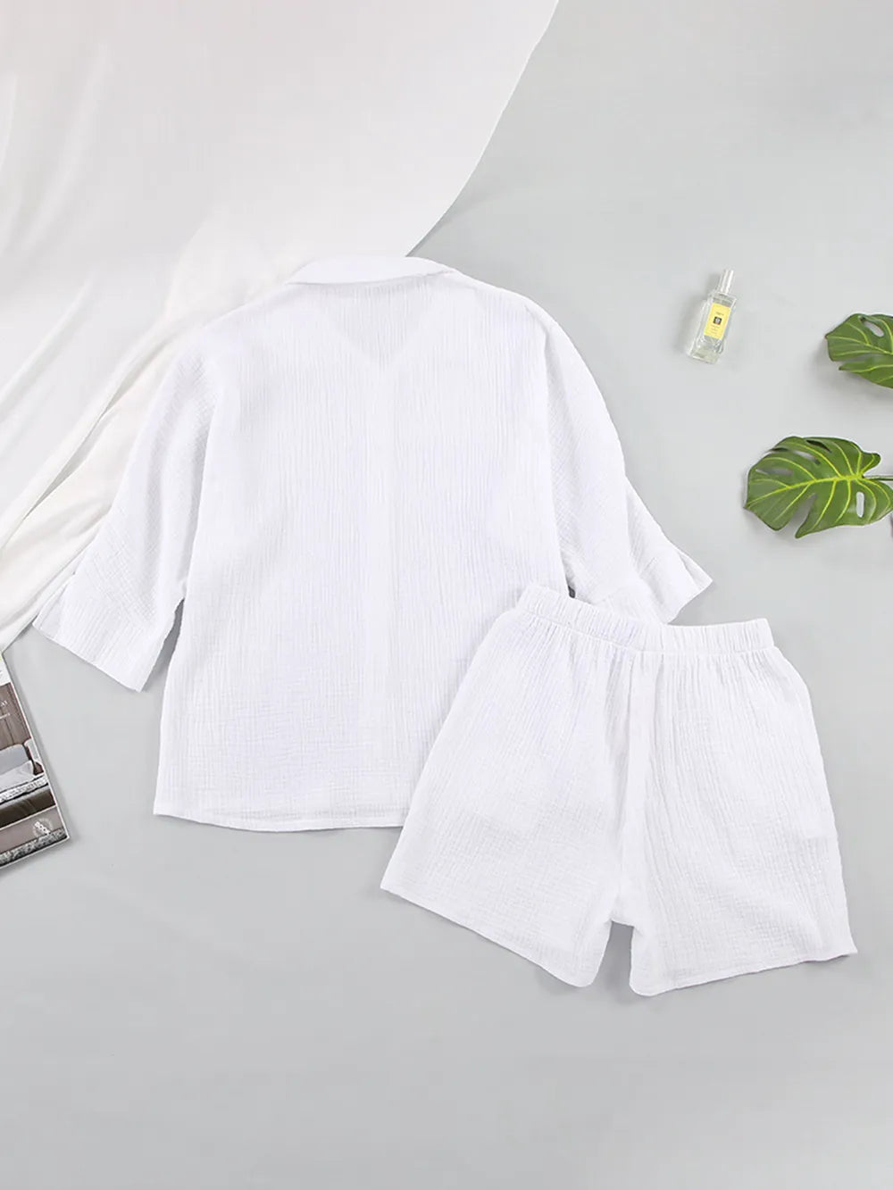 Texture Button Up Shirt Shorts Set (3)