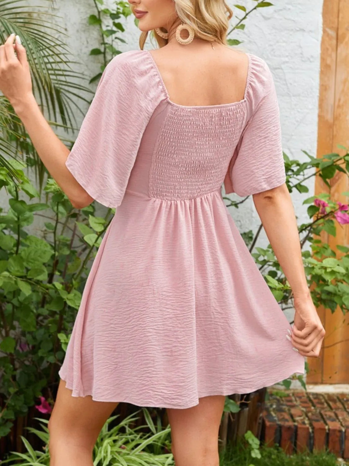 Smocked Back Knotted Flutter Sleeve Dress (8)