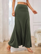 Solid Elastic Waist Maxi Skirt (8)