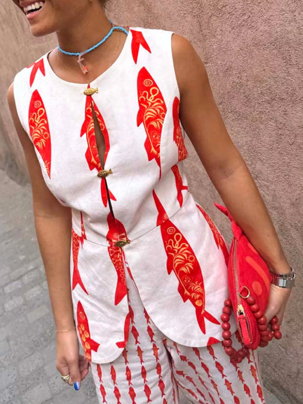Fish Print Sleeveless Top Pants Set