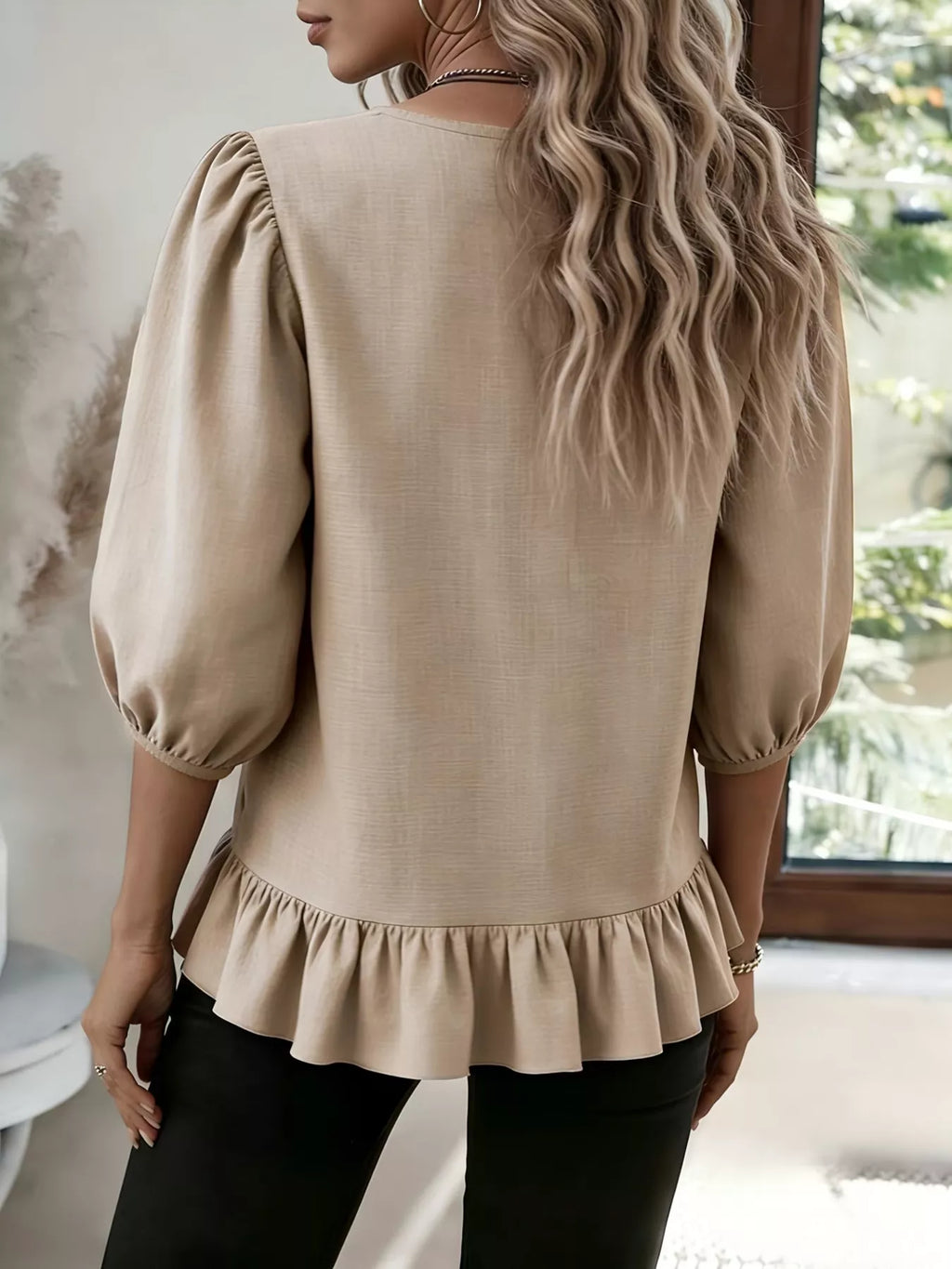 Casual Puff Sleeve Ruffle Hem Blouse (4)